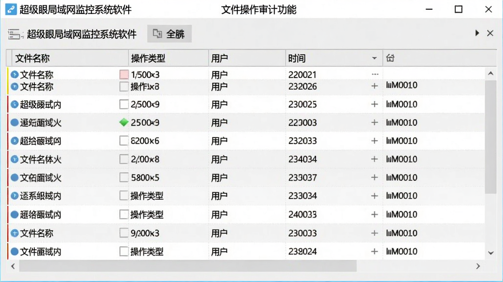 一张“超级眼局域网监控系统软件”文件操作审计功能界面截图,画面展示文件操作日志列表,包含文件名、操作类型、用户、时间等列,背景为浅灰色,表格数据清晰,界面风格专业,画质干净,无多余元素。