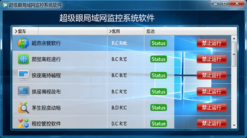 一幅展示“超级眼局域网监控系统软件”程序管控功能的界面图,屏幕中央显示进程列表,每个进程带有图标和状态标签,旁边有“禁止运行”按钮,界面为Windows风格,色彩明亮,画质高清,无多余元素。
