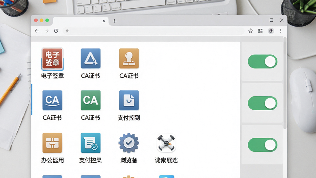 电子政务浏览器办公插件集成展示图,画面为浏览器插件管理界面,左侧列出各类插件图标如电子签章、CA证书、支付控件等,右侧为启停开关,背景为浅灰色工作台,风格简洁实用,画质清晰,干净无多余元素