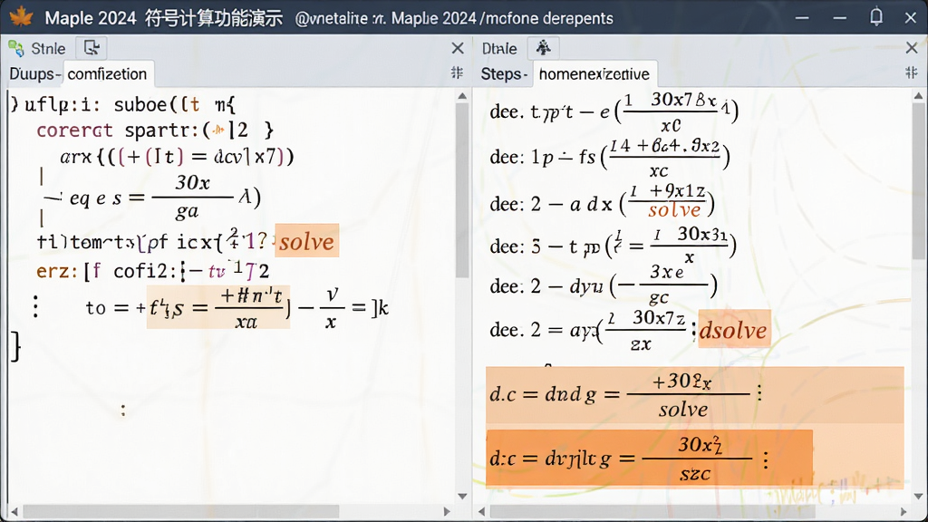 主体:Maple 2024符号计算功能演示,屏幕上展示逐步推导的微分方程求解过程。布局:左侧为输入的命令行,右侧显示推导步骤和结果。排版:文字清晰,公式美观。风格:教育软件风格,学术气息。细节:突出显示“solve”和“dsolve”命令,结果区域有高亮公式。画质:高清,干净整洁。