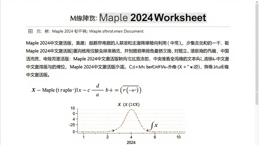 主体:Maple 2024的Worksheet文档,展示文字、公式、图形混合排版的效果。布局:自上而下依次为标题、段落文字、公式、图表。排版:文档结构清晰,样式美观。风格:科技文档风格,学术规范。细节:文档中包含“Maple 2024中文激活版”字样,并配有函数图像。画质:高清,打印效果预览。