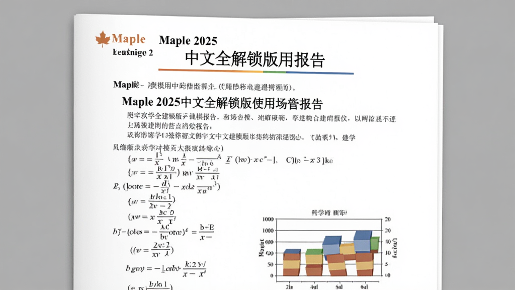 一张展示Maple 2025中文全解锁版使用场景的图片,主体为一份编写完成的数学建模报告,包含文字、公式和彩色图表,排版整洁,风格商务专业,有中文标题,画质高清,细节清晰,干净无多余元素
