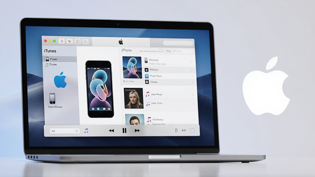 主体:一台笔记本电脑屏幕显示iTunes界面,界面中有一部iPhone和音乐播放列表;布局:电脑位于画面中央偏左,右侧留白放置苹果设备图标;排版:界面元素清晰,列表与专辑封面整齐排列;风格:现代科技感,蓝白主色调,光线柔和;细节:屏幕中显示“iTunes”字样,设备连接成功图标,播放控制条清晰可见;画质:高清渲染,干净无多余元素
