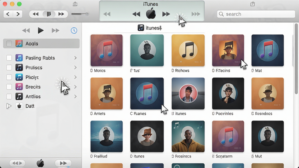 主体:iTunes软件界面展示音乐专辑网格视图;布局:左侧边栏显示播放列表,右侧为封面墙;排版:封面整齐排列,色彩丰富;风格:简洁明亮,苹果设计语言;细节:界面顶部有“iTunes”字样,搜索框和播放控制栏,鼠标悬停效果;画质:细腻逼真,干净无多余元素