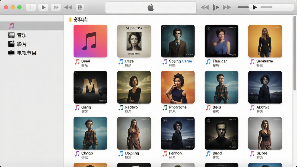主体:iTunes软件界面中的音乐资源库页面,左侧边栏显示“音乐”、“影片”、“电视节目”等分类,右侧展示专辑网格封面;布局:界面截图居中展示,上方有搜索栏与播放控制条;排版:专辑封面以网格状排列,色彩丰富,整齐有序;风格:简洁明亮,苹果设计风格,圆角卡片;细节:每张封面下方标注歌手与专辑名,顶部“资料库”标签高亮;画质:高清,干净,无多余元素