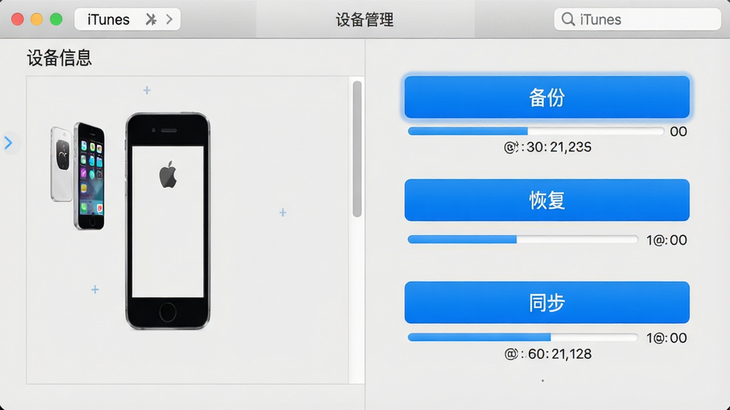 主体:iTunes软件“设备管理”页面,左侧为设备信息栏,右侧显示“备份”、“恢复”、“同步”等按钮;布局:页面分为左右两个区域,左侧设备缩略图,右侧功能按钮竖直排列;排版:整体居中,背景为浅灰色,按钮使用蓝色高亮;风格:专业工具界面,信息层级分明;细节:设备图标为iPhone轮廓,按钮下方有进度条与时间戳;画质:超清,干净,无多余元素