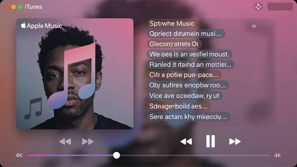 主体:iTunes 正在播放 Apple Music 歌曲的界面,显示歌手照片、歌词滚动与播放进度条;布局:居中偏左为专辑封面大图,右侧为歌词与操作按钮;排版:背景为模糊的专辑渐变色,歌词逐行高亮;风格:沉浸式音乐播放界面,动态感;细节:封面图上有“Apple Music”小标,进度条显示时间;画质:4K,干净,无多余元素
