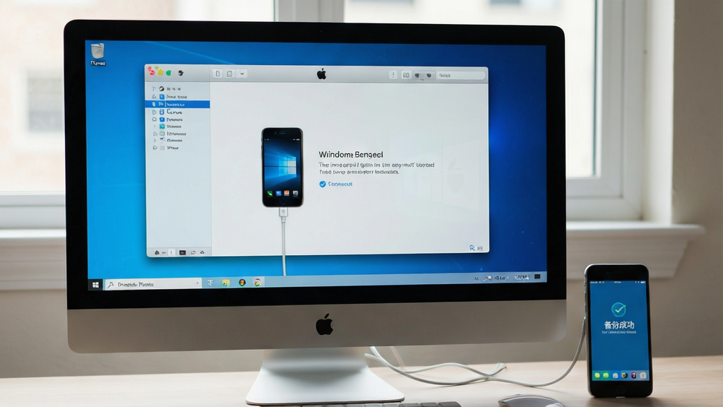 主体:一张Windows电脑桌面上打开iTunes软件,并连接一台iPhone,屏幕显示备份完成提示;布局:电脑与手机并排,电脑屏幕亮着,手机放在右侧;排版:画面稳定,重点突出屏幕内容;风格:写实摄影风格,柔和自然光;细节:屏幕上有“备份成功”字样,数据线清晰可见;画质:高清,干净,无多余元素