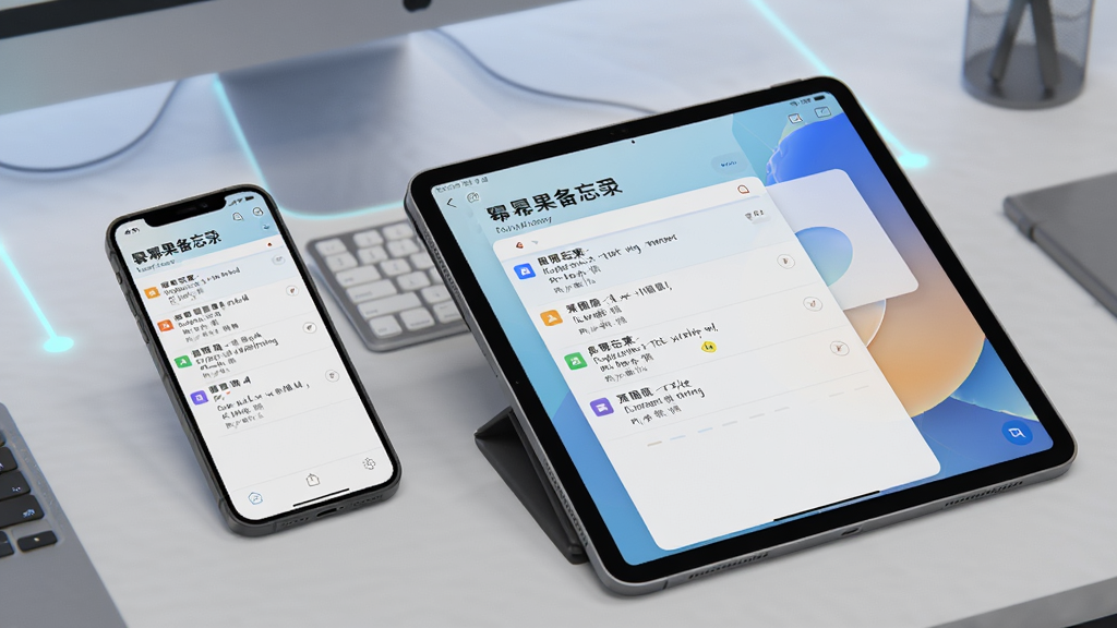 一张展示幂果备忘录记事本在手机和平板上运行的图片,画面左侧是手机界面,右侧是平板界面,均显示笔记列表,背景为桌面,整体科技感强,风格简洁明亮,画质细腻,无多余元素