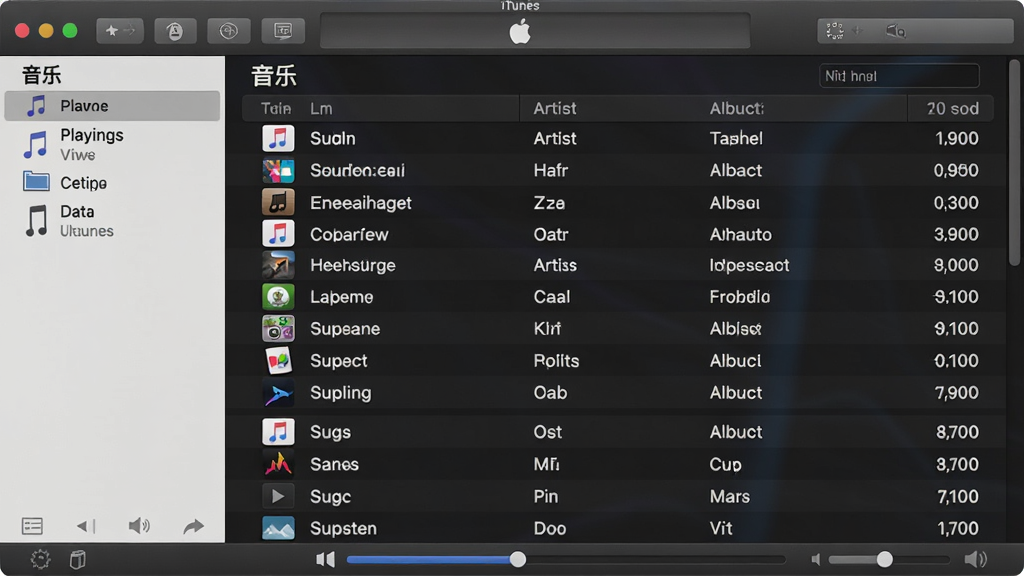 图片展示iTunes媒体库中“音乐”分类的列表视图,主体为一张深色主题的电脑屏幕,左侧边栏显示播放列表与设备,右侧为歌曲标题、艺人、专辑与时长列,排版整齐,风格为简洁的UI设计稿,细节包括播放进度条与音量控制,画质细腻,干净,无多余元素