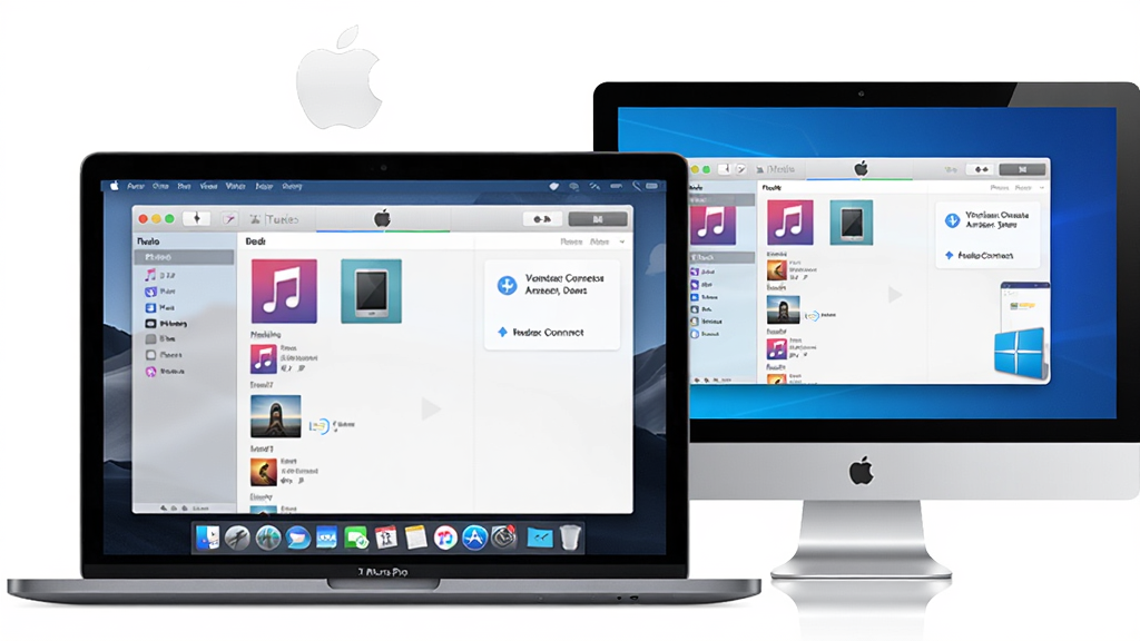 图片居中展示iTunes在电脑桌面上的图标与媒体库界面,主体为MacBook Pro与Windows台式机并排摆放,屏幕中显示iTunes的“音乐”与“设备”两个标签页,布局采用左右分栏,排版简洁明快,风格为现代科技感插画,细节包括播放列表封面与连接提示,画质高清,干净,无多余元素