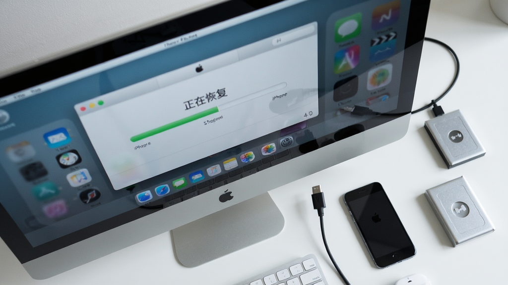 图片展示用户正在操作iTunes恢复iPhone的界面,主体为电脑屏幕中显示进度条与“正在恢复”文字,旁边放置一部iPhone,布局为俯拍视角,排版自然,风格为写实摄影风格,细节包括数据线与桌面上的备份硬盘,画质清晰,干净,无多余元素