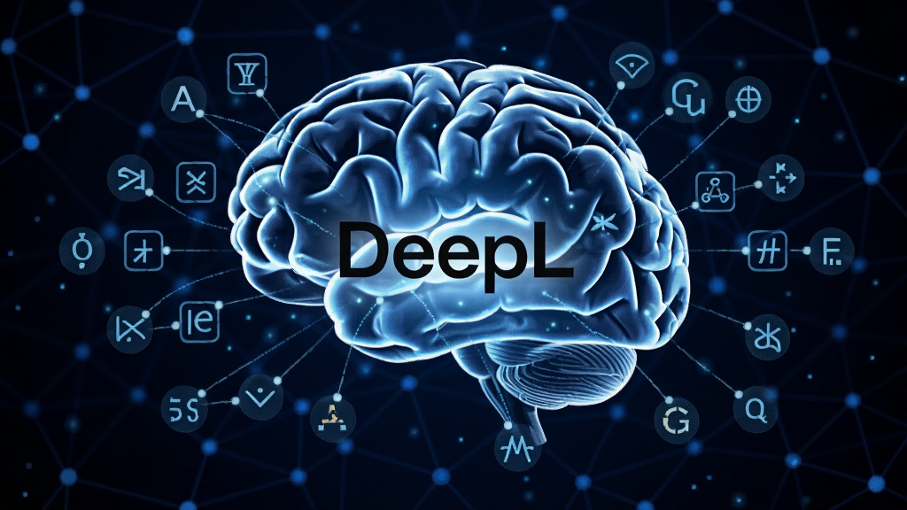 DeepL神经网络翻译引擎概念图,展示AI大脑与多语言符号相互连接,背景为深蓝色科技感网络节点,中心有