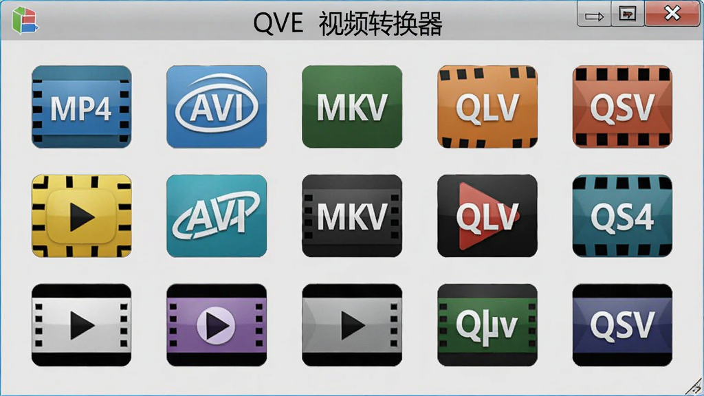 QVE视频转换器格式支持界面,展示多种视频格式图标,如MP4、AVI、MKV、QLV、QSV等,图标排列整齐,背景为浅灰色,软件名称标注在图片上方,细节丰富,画质高清,干净无多余元素