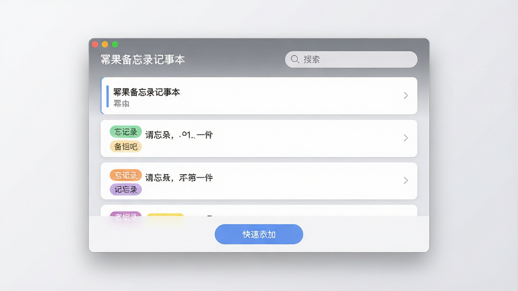 主体:一款名为“幂果备忘录记事本”的软件界面截图,展示其简洁的备忘录列表、彩色标签分类和搜索栏。布局:居中展示软件主界面,背景为干净的浅灰色渐变,界面元素清晰排列。排版:界面设计采用现代扁平化风格,卡片式列表,字体清晰易读。风格:整体风格清新简约,科技感与亲和力并存。细节:界面左上角显示“幂果备忘录记事本”字样,列表中有几条示例备忘,底部有快速添加按钮。画质:高清,色彩柔和,干净无多余元素。