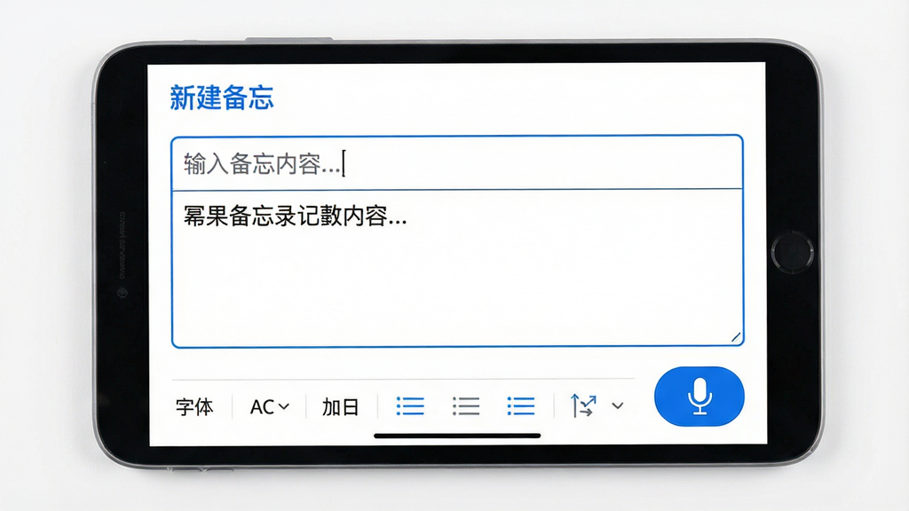主体:“幂果备忘录记事本”的快速记录界面,展示一个文本编辑框和语音输入按钮。布局:编辑框居中,下方为工具栏,包含字体设置、加粗、列表等选项。排版:界面简洁,占位文字“输入备忘内容...”,左上角有“新建备忘”标题。风格:清爽的白色背景,蓝色点缀,体现极简风格。细节:语音输入按钮带有麦克风图标,编辑框内已有示例文字。画质:高清,干净无多余元素。