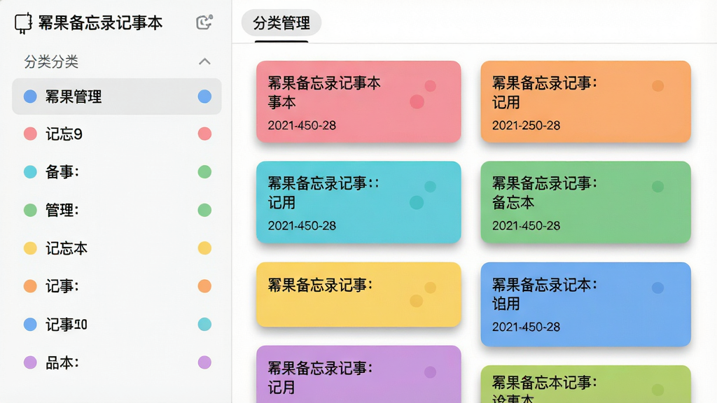 主体:“幂果备忘录记事本”软件的分类管理界面,展示左侧分类栏和右侧按分类颜色显示的备忘录卡片。布局:左侧为分类列表,右侧为内容卡片瀑布流,整体呈左右分栏布局。排版:分类名称旁边有彩色圆点标识,卡片上显示文字摘要和日期。风格:现代简洁的UI设计,色彩明快但不刺眼。细节:顶部有“分类管理”标签,卡片边缘有阴影效果。画质:高清,干净无多余元素。