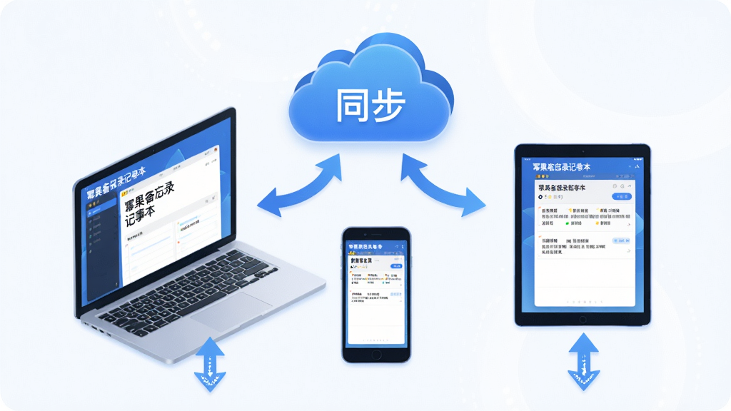主体:“幂果备忘录记事本”的多设备同步示意图,展示一台笔记本电脑、一部手机和平板电脑围绕一个云图标。布局:三台设备呈弧形排列,云图标位于中心上方,设备屏幕中显示相同的备忘录界面。排版:设备下方有同步箭头指示,整体布局和谐。风格:科技感插画风格,蓝色主色调,简洁现代。细节:云图标上标注“同步”字样,设备屏幕显示“幂果备忘录记事本”界面。画质:高清,干净无多余元素。