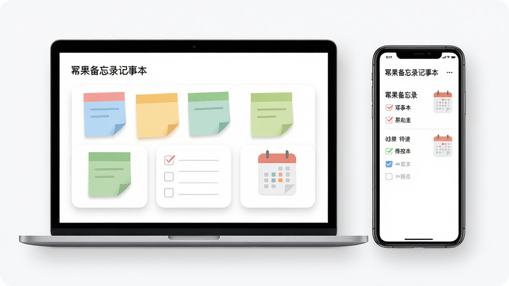 主体为简约风格的笔记本电脑和手机并排展示,屏幕上清晰显示