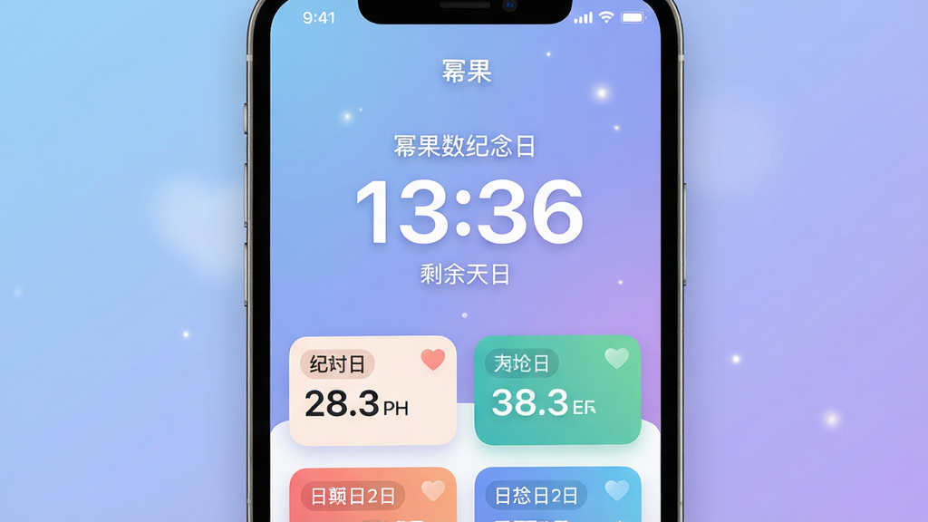 一张展示幂果倒数纪念日应用主界面的高清图片,界面风格简约清新,背景为柔和的渐变蓝紫色,屏幕中央以醒目的大数字显示距离某个纪念日的剩余天数,下方排列着几个不同颜色标签的纪念日卡片,卡片上有日期和倒计时天数,整体布局整洁,排版美观,画质细腻,光效柔和,干净无多余元素。