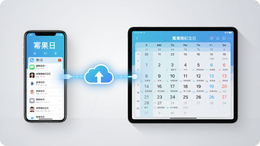 展示幂果倒数纪念日应用在手机和电脑上同步使用的场景图,画面左侧为手机屏幕显示倒数日列表,右侧为平板电脑显示同一组数据的日历视图,中间用一条发光的连接线表示云端同步,整体风格现代简约,色彩明亮,布局平衡,画质清晰,细节精致,背景为浅灰色渐变,干净无多余元素。