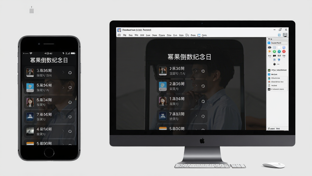 展示幂果倒数纪念日应用在手机和电脑上运行的对比图,左侧为手机屏幕显示倒数日列表,右侧为电脑模拟器界面显示同一视图,背景为纯色浅灰,整体干净,构图左右对称,画质清晰,无多余元素。