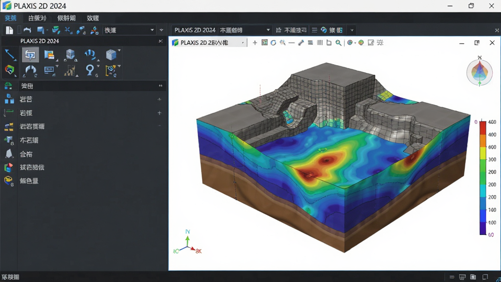 主体:PLAXIS 2D 2024中文破解版软件界面与岩土模型示意图,布局:左侧工具栏+右侧3D地质模型窗口,排版:上下分栏,风格:科技感、专业工程软件风格,细节:界面显示