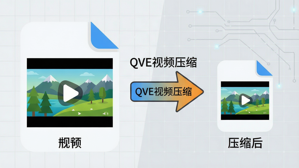 主体:一个视频文件被压缩后体积变小,画质依然清晰的对比展示,画面左侧为原视频大体积图标,右侧为压缩后小体积图标,中间用箭头连接,箭头旁标注“QVE视频压缩”字样。布局:左右对比布局,背景为浅灰色科技网格。排版:简洁明了,重点突出体积变化。风格:扁平化插画风格,色彩明快。细节:视频画面上有清晰的风景画面,体现画质无损。画质:高清,干净,无多余元素。