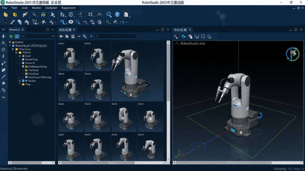 RobotStudio 2023中文激活版 软件界面全览,展示主界面布局、机器人模型库和编程窗口,整体风格专业科技,采用深蓝色调,界面清晰,包含工具栏、浏览器树和三维视图区,画面干净,无多余元素,高分辨率,细节丰富