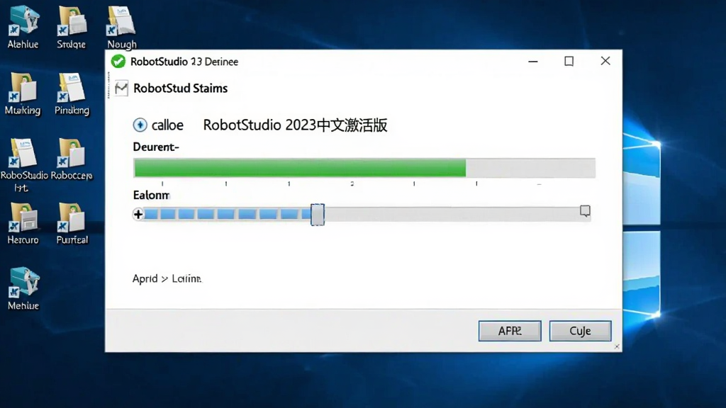 RobotStudio 2023中文激活版 安装过程截图,显示安装向导进度条,背景为桌面图标,风格简洁明亮,画质清晰,无多余元素