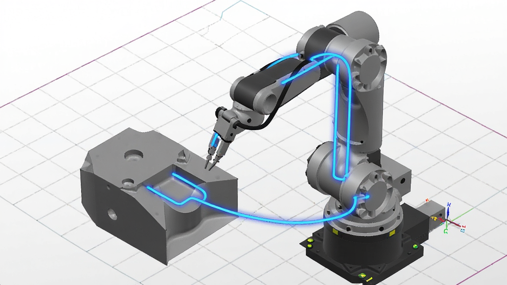 RobotStudio 2023中文激活版 路径规划示意图,三维空间中机器人与工件模型,蓝色高亮显示运动轨迹线条,背景为网格坐标,风格简洁科技,画质清晰,无多余元素