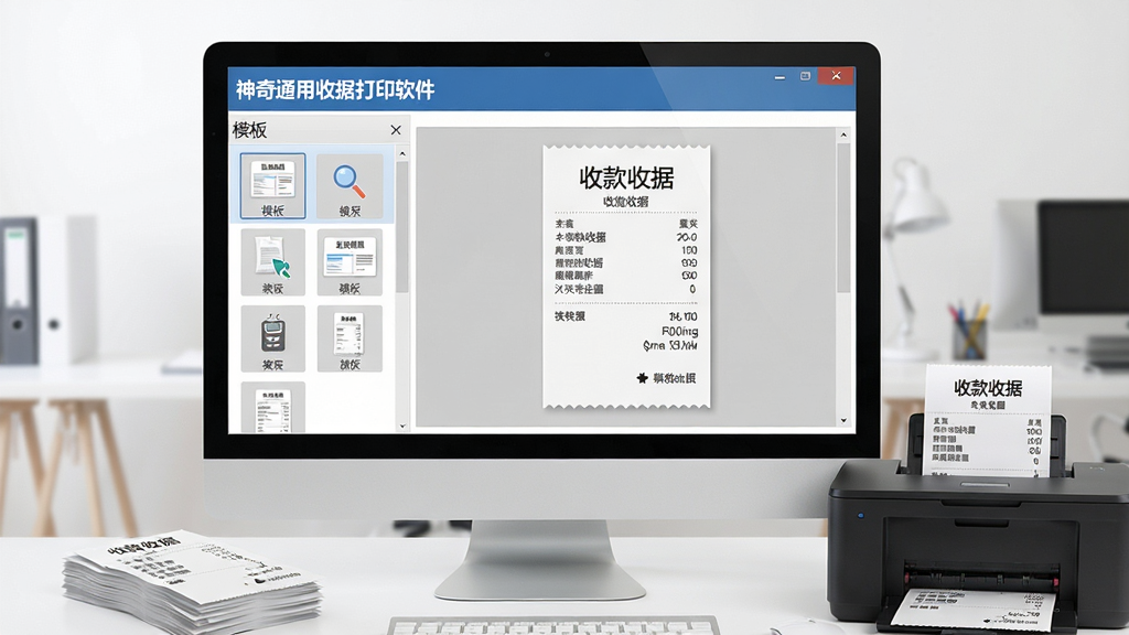 主体:电脑屏幕显示“神奇通用收据打印软件”主界面,界面左侧为模板列表,右侧为收据预览区,桌面上放有打印机和几叠打印好的收据。布局:主界面居中,背景为整洁的办公桌面,打印机位于右下角。排版:界面窗口比例协调,预览区显示一张带“收款收据”字样的票据。风格:写实风格,明亮清晰。细节:屏幕中票据文字清晰,打印机出纸口有一张刚打印好的收据。画质:高清,干净,无多余元素。