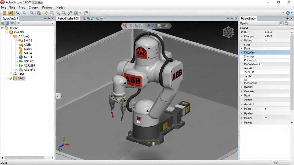 主体:RobotStudio 6.08中文破解版软件界面截图,布局:左侧为机器人模型树,中间为3D仿真工作区,右侧为属性面板,排版:界面整洁,功能区域清晰,风格:工业软件风格,细节:机器人模型带有ABB标志,画质:高清,干净,无多余元素
