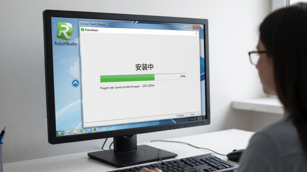 主体:用户正在电脑上安装RobotStudio,布局:电脑屏幕显示安装进度条,桌面有安装包图标,排版:侧面视角,风格:写实,细节:屏幕文字“安装中”,画质:高清,干净