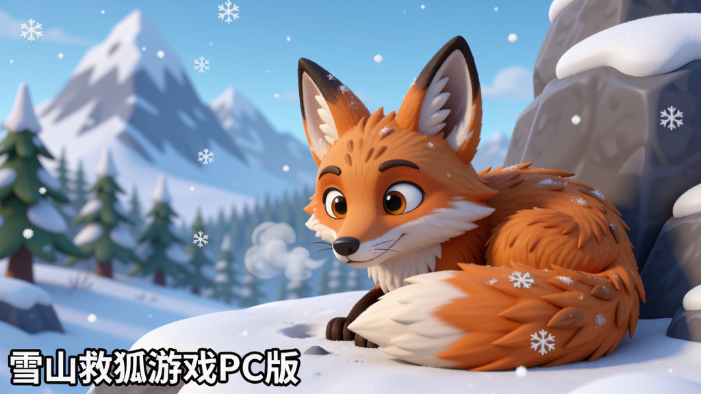 画面主体为一只橙白色相间的狐狸蜷缩在雪山岩石旁,背景是连绵的雪峰与松林,画面采用3D卡通渲染风格,整体布局以狐狸为中心,左下角有