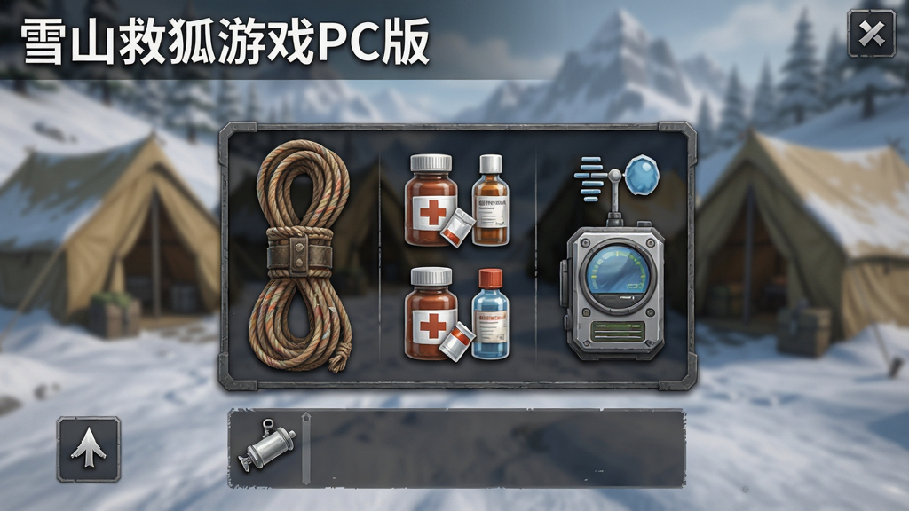 一张游戏内物品栏界面截图,画面中央是摆放整齐的救援装备,包括绳索、药品与便携式气象仪,背景是模糊的雪山营帐,界面设计风格硬朗,图标精致,整体布局清晰,带有