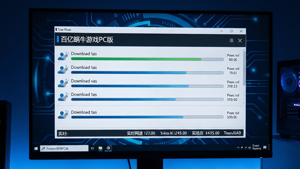 电脑屏幕中显示“百亿蜗牛游戏PC版”的下载管理界面,多条下载任务并行进行,进度条快速前进,下方显示实时网速数据,背景为深蓝色科技感氛围,画质清晰,风格专业