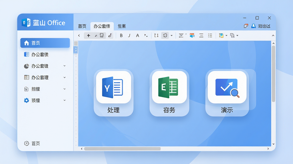 ���壺��ɽ Office �칫�׼������棬չʾ���ִ�����������ʾ�������ģ���ͼ�ꡣ���֣����ҶԳƣ����Ϊ���ܵ��������Ҳ�Ϊ�༭��Ԥ�����Ϸ�Ϊ�˵������Ű棺�ִ���Լ��ͼ�������ֱ�ǩ�������С��������Ƽ��磬ǳ�����ɫΪ��ɫ�������������Ӱ��ϸ�ڣ���������ʾ����ɽ Office��Logo�����ڱ�ԵԲ�ǻ�����������΢���䡣���ʣ�4K���壬�ɾ����޶���Ԫ�ء�