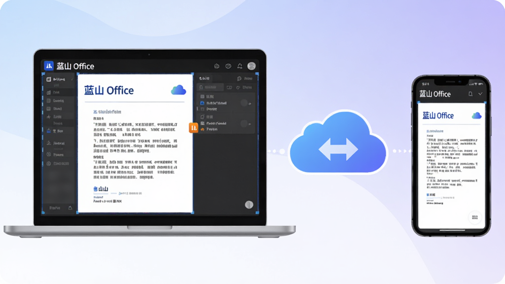 ���壺��ɽ Office ��Э��������չʾһ̨�ʼǱ����Ժ�һ���ֻ���Ļ�ϵ��ĵ�ͬ���༭״̬�����֣����Ϊ���ԣ��Ҳ�Ϊ�ֻ����м����ƶ�ͼ�����ӡ��Ű棺�豸���ƶ��ˮƽ���С���񣺿Ƽ��в廭�磬����ɫ���䱳����ϸ�ڣ����Ժ��ֻ���Ļ����ʾ��ͬ���ĵ����ݣ��С���ɽ Office����ʶ���ƶ�����˫���ͷ�����ʣ��߷ֱ��ʣ��ɾ����޶���Ԫ�ء�