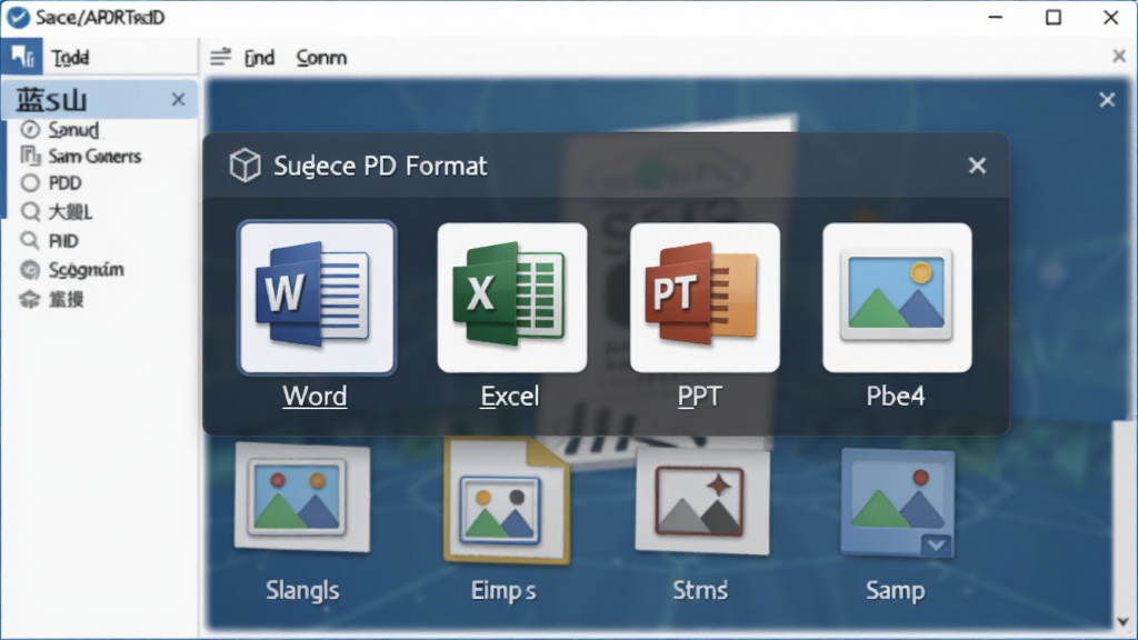 ��ɽPDF��ʽת�����ܽ��棬��ʾѡ�������ʽ�Ĳ˵�������Word��Excel��PPT��ͼƬ��ͼ�꣬����Ϊ���������ڣ�������ˬ��ͼ�����壬���ֺ�������������