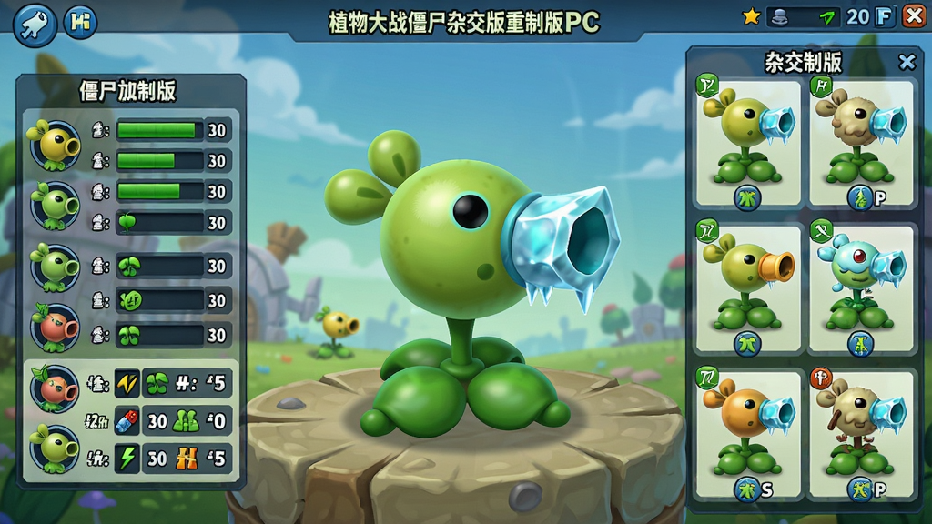游戏内截图风格图片,主体为“植物大战僵尸杂交版重制版PC”的杂交植物展示界面,画面中央是一株豌豆与寒冰射手杂交后的植物,左侧显示其属性面板,右侧是其他杂交配方,布局清晰,采用卡通渲染风格,细节丰富,画质高清干净,无多余元素