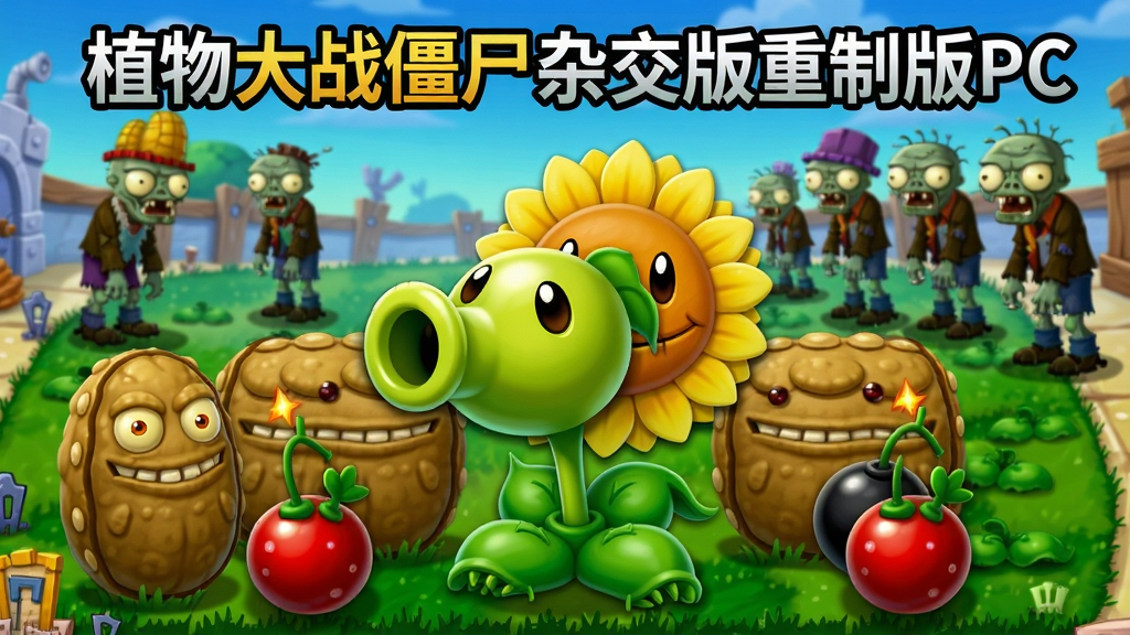 一幅横版游戏宣传海报风格图片,主体为“植物大战僵尸杂交版重制版PC”游戏主视觉,画面中央是豌豆射手与向日葵的杂交植物,周围环绕着坚果墙和樱桃炸弹,背景是经典的草坪战场,远处有形态各异的杂交僵尸,排版上标题“植物大战僵尸杂交版重制版”位于画面正上方,采用卡通渲染风格,细节丰富,画质高清干净,无多余元素