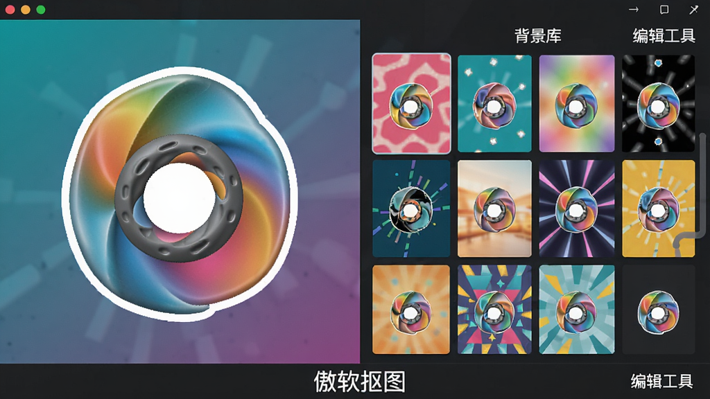 展示“傲软抠图”软件背景替换功能,左侧为抠出的产品图,右侧为多种背景模板预览,用户可点击更换,界面中显示“背景库”和“编辑工具”字样,软件名称“傲软抠图”位于界面底部,整体风格色彩丰富,画质清晰