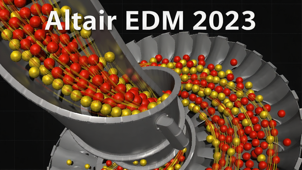 一张Altair EDEM 2023中文破解版仿真渲染图,展示大量红色和黄色球形颗粒在螺旋输送机中运动,颗粒轨迹形成流动线条,背景为暗色网格,突出颗粒动态效果,画质高清,细节丰富,无多余元素