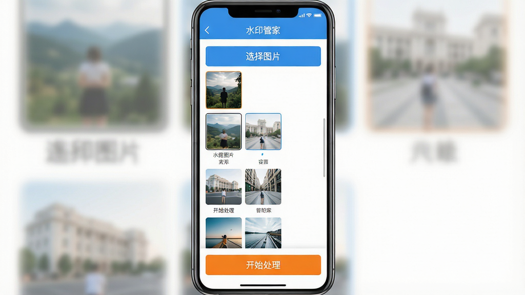 һ���ֻ��ˡ�ˮӡ�ܼҡ�App�Ĳ�����ͼ��������ʾͼƬ����ҳ�档����Ϊ�����ֻ�ȫ��չʾ�������С�ѡ��ͼƬ����ť���ײ�Ϊ����ʼ��������ɫ��ť���������������ɫ����������ɫ����ɫ��ϸ�ڰ���ͼƬ����ͼ�б������ʸɾ��������޶���Ԫ�ء�