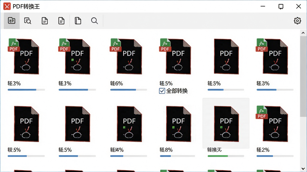 չʾ��PDFת�����������������棬�����������ж��PDF�ļ�����ͼ������ѡ��ȫ��ת����ѡ�����Ϊ������ʽ�������й�������ť������Ϊ��ɫ������ƽ����ϸ����ʾ�ļ���ʽ��ʶ��ת�����Ȱٷֱȣ����ʸɾ����޶���Ԫ�ء�