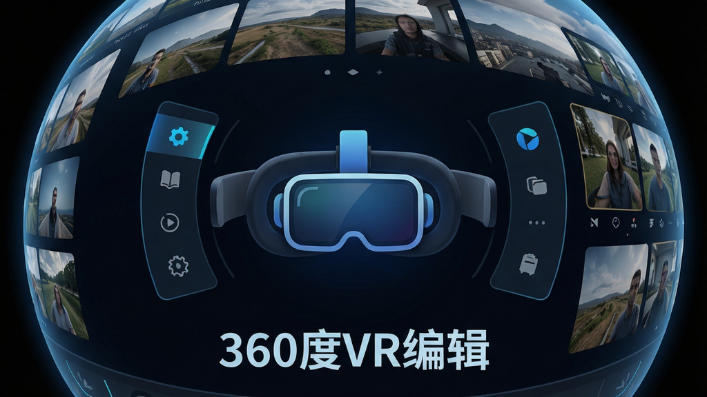 ���壺VR�۾��е�360��ȫ����Ƶ�༭���棬��Χ��360��Ԥ�����档���֣�����ΪVR�۾�ͼ�꣬��Χ���Ʊ༭�˵����Ű棺����ʽUI���֡����δ���Ƽ��С�ϸ�ڣ�����������Ƶ�زĵ�����ͼ�����ʣ��߷ֱ��ʣ��ɾ����޶���Ԫ�ء����֣������·���ʾ��360��VR�༭��������