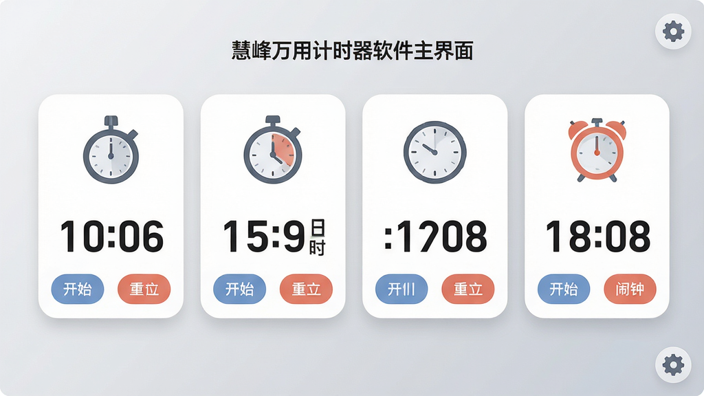 ���壺�۷����ü�ʱ�����������棬չʾ���������ʱ��ʱ�ӡ������ĸ����Ĺ���ģ���ͼ����������ʾ�����֣�������У����ܿ�Ƭ�������У�����Ϊǳ��ɫ���䡣�Ű棺�������������ʾ��ǰ��ʱ״̬����ťԲ�󡣷�񣺱�ƽ����ƣ��ִ���Լ��ϸ�ڣ������·��п�ʼ����ͣ�����ð�ť��������������ó���ͼ�ꡣ���ʣ�������Ⱦ���ɾ����࣬�޶���Ԫ�ء�