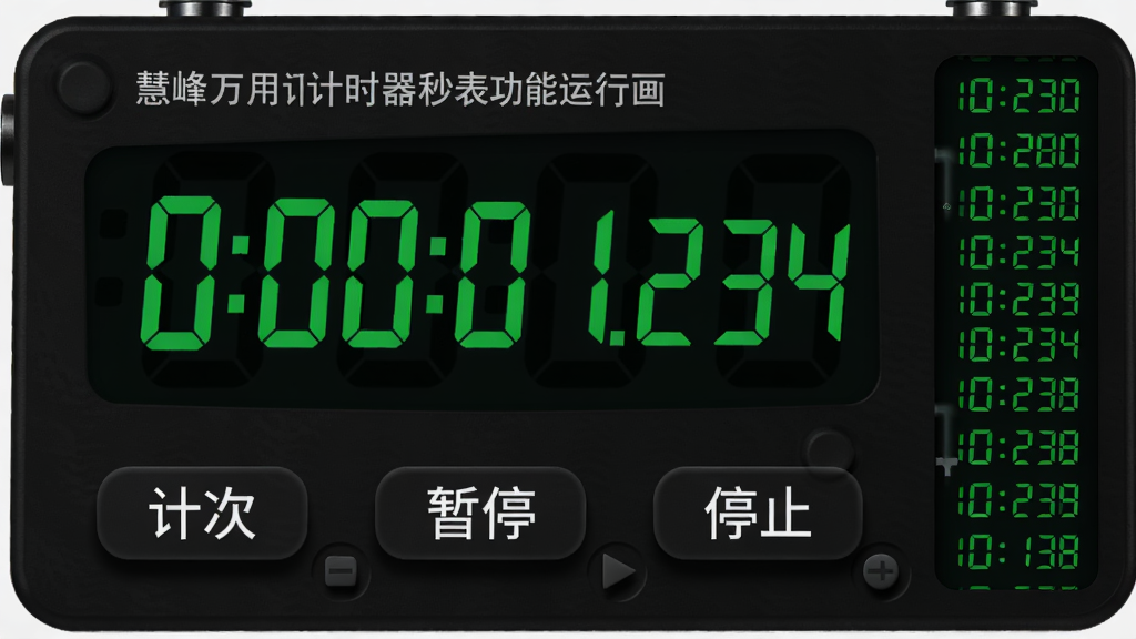 ���壺�۷����ü�ʱ������������л��棬������ʾ0:00:01.234�����֣������־��У��·����С��ƴΡ�������ͣ������ֹͣ��������ť���Ű棺���ֲ��õȿ����壬���������������ɫ����������ɫ���֣��Ƽ��з��ϸ�ڣ��ƴ��б����Ҳ������ʾ����ť��������Ӱ�����ʣ��������ȣ��ɾ��޶���Ԫ�ء�