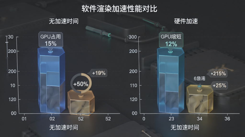 主体为软件渲染加速性能对比图表,左侧为无加速时间,右侧为开启硬件加速后的时间。布局为简洁的数据对比图,风格为现代科技感3D图表风格,细节包括GPU占用率和时间缩短百分比数据标签,画质干净专业,无多余文字。